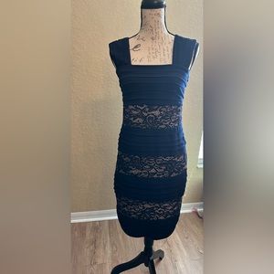 Navy blue and tan dress.